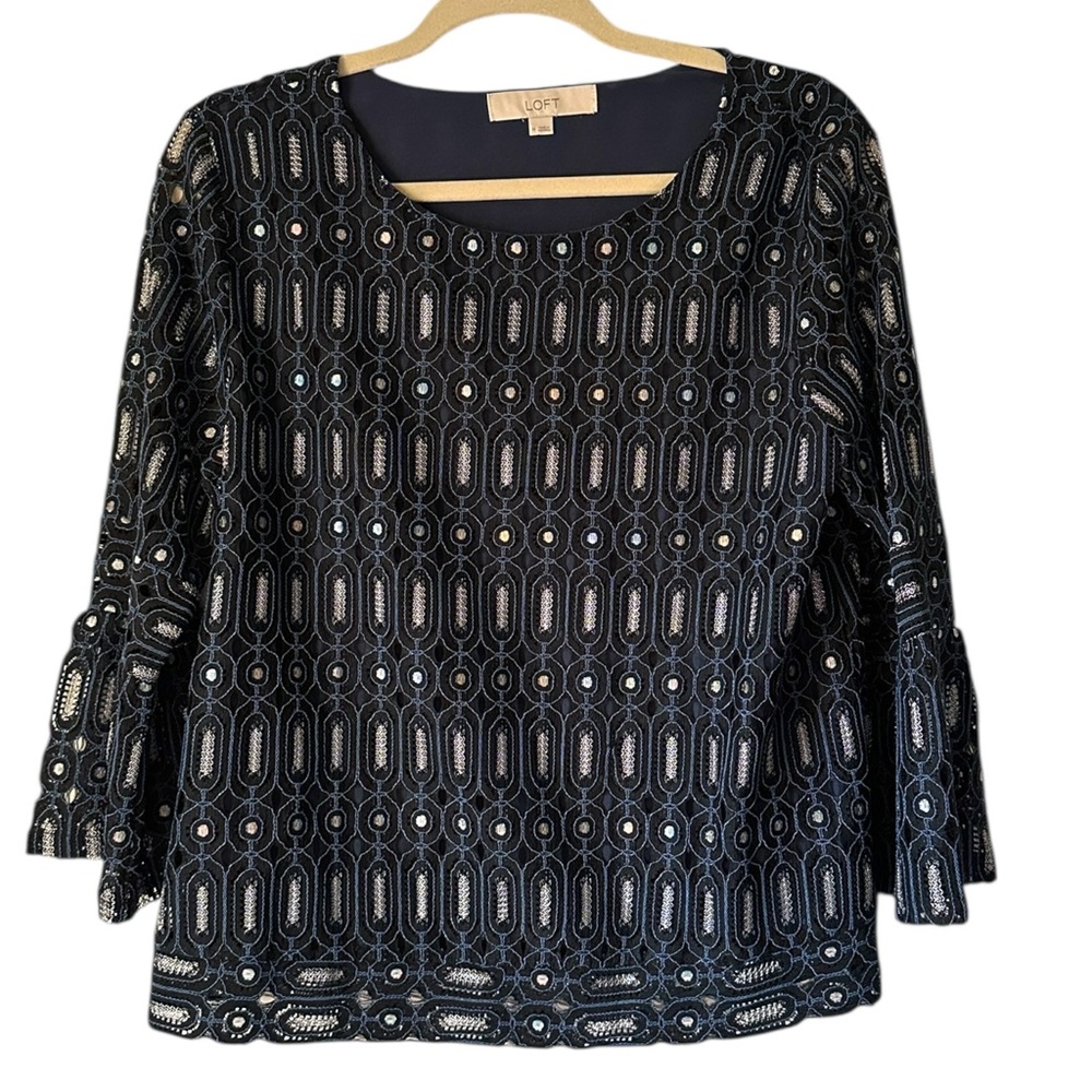 Loft Navy Lace Embroidered Popover Top Medium